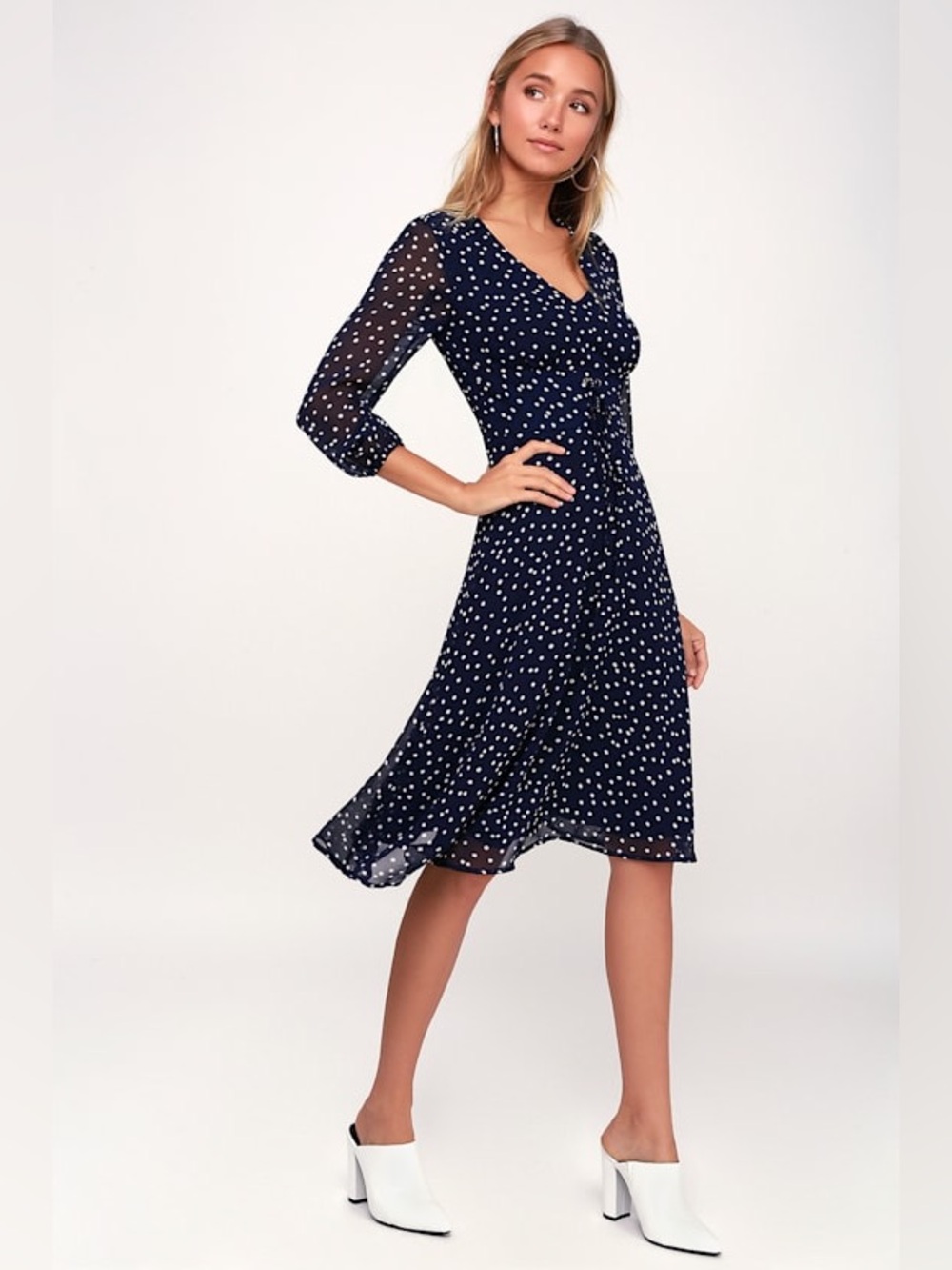 Navy Blue Polka Dot Long Sleeve Midi Dress